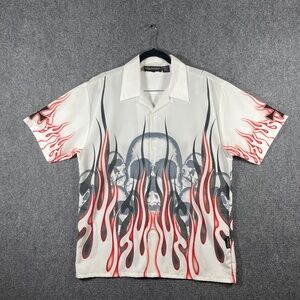 Vintage Y2K Sapphire Lounge Flame Skull Button Up Shirt Mens Size Medium #1441